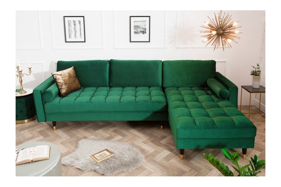Canapé d'angle en velours coloris vert 260cm (Montable à gauche + à droite)