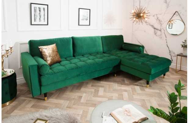 Canapé d'angle en velours coloris vert 260cm (Montable à gauche + à droite)