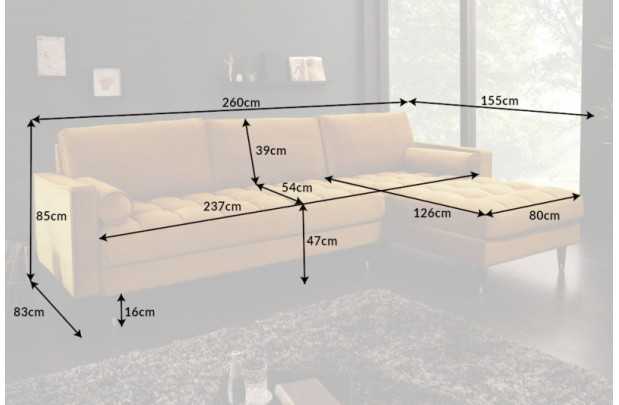 Canapé d'angle en velours coloris jaune moutarde 260cm (Montable à gauche + à droite)