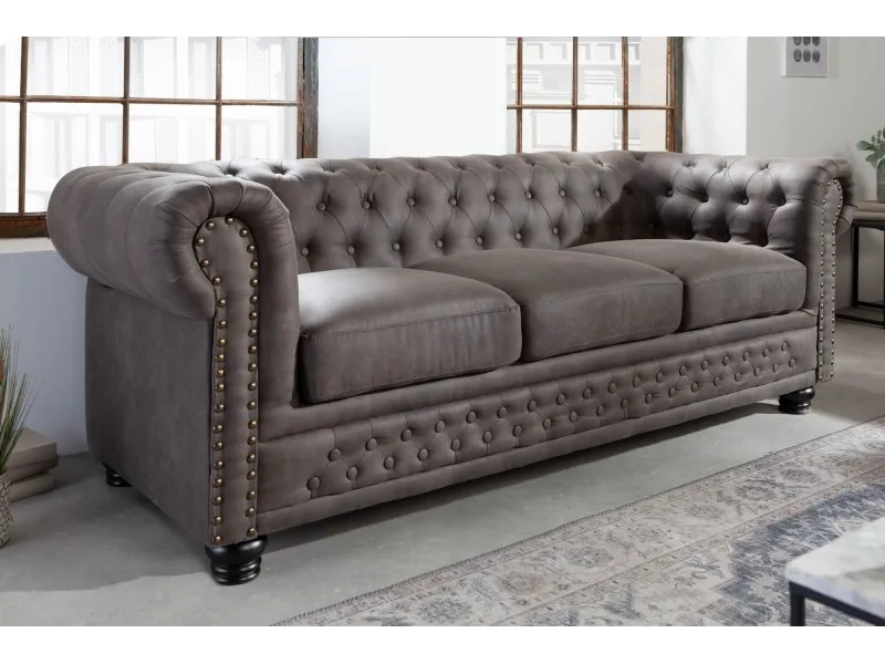Canapé Chesterfield 3 places en microfibre vintage gris