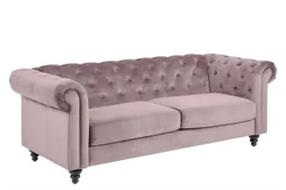 Canapé 3 places capitonnés en tissu vieux rose, pieds en bois noir