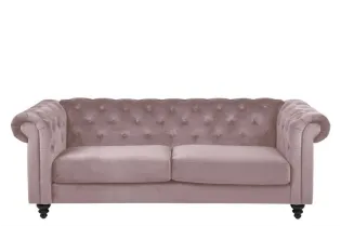 Canapé 3 places capitonnés en tissu vieux rose, pieds en bois noir 2