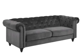 Canapé 3 places capitonnés en tissu gris foncé, pieds en bois noir