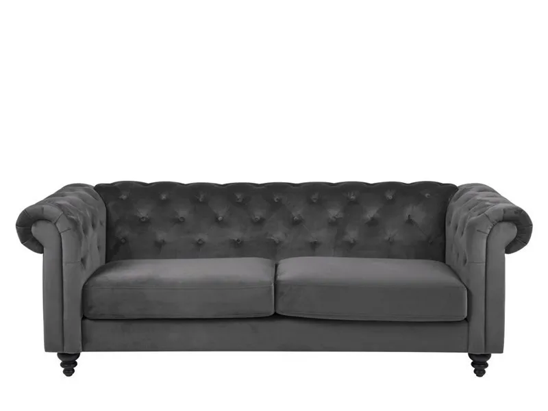 Canapé 3 places capitonnés en tissu gris foncé, pieds en bois noir