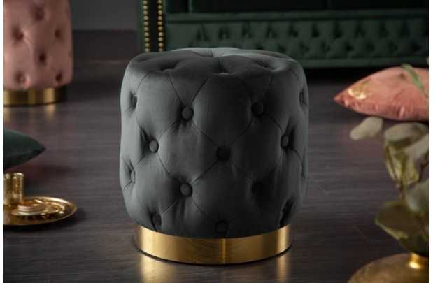 Tabouret Capitonné en Velours Noir avec socle Doré Chesterfield Design