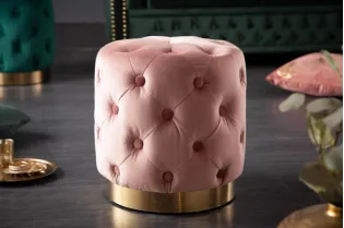 Tabouret de style baroque capitonné en velours coloris rose et doré