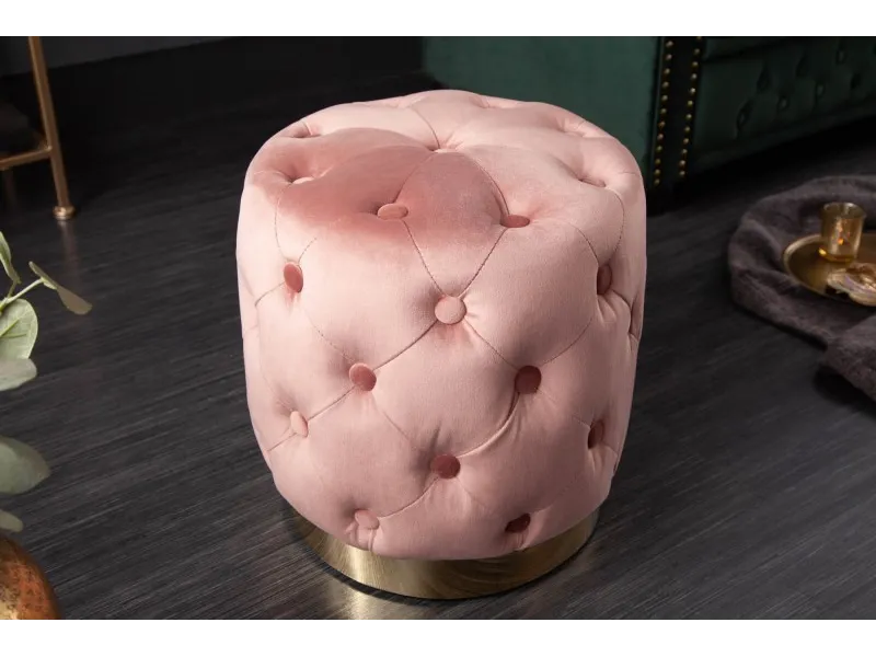 Tabouret de style baroque capitonné en velours coloris rose et doré