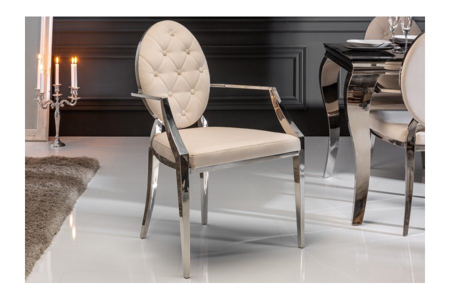 Lot de 2 chaises design baroque de salle à manger en velours coloris beige avec accoudoirs