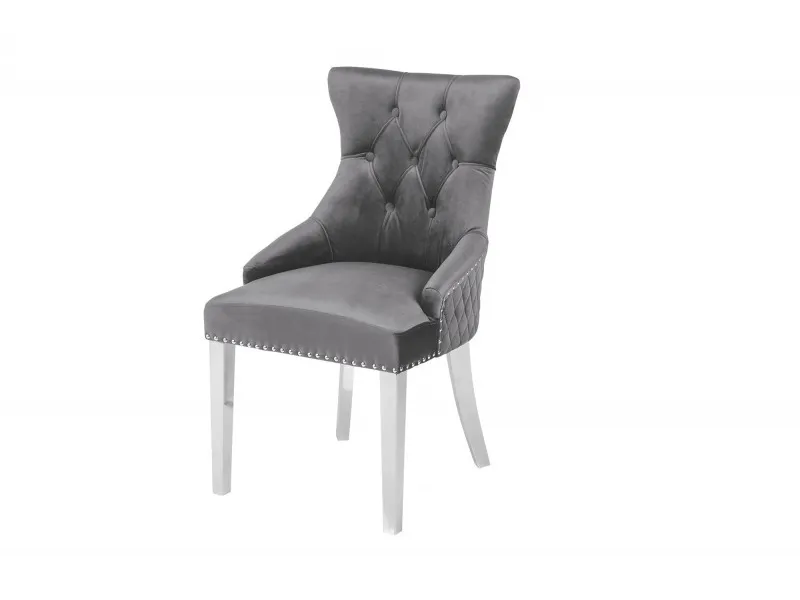 Lot de 2 Chaises de château en velours gris roi en acier inoxydable, tête de lion