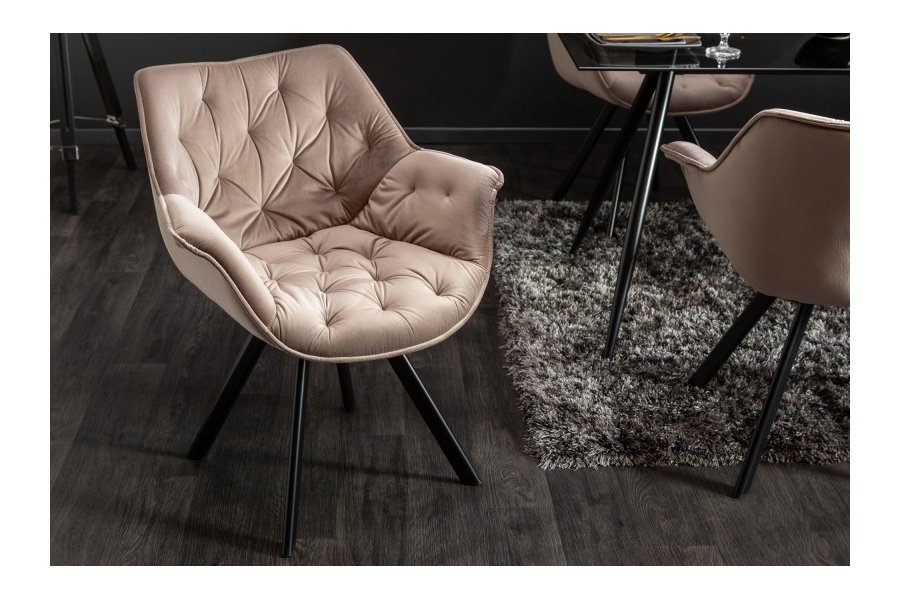 Chaise design scandinave de salle à manger coloris beige en velours avec piétement en métal