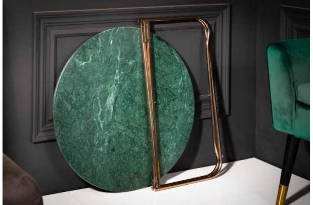 Table basse design en marbre coloris vert avec piétement en métal doré