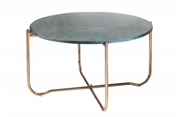 Table basse design en marbre coloris vert avec piétement en métal doré