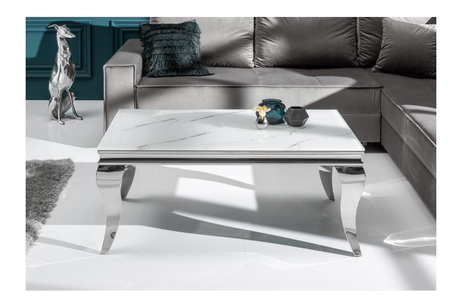 Table basse marbre argenté de style baroque 100 cm