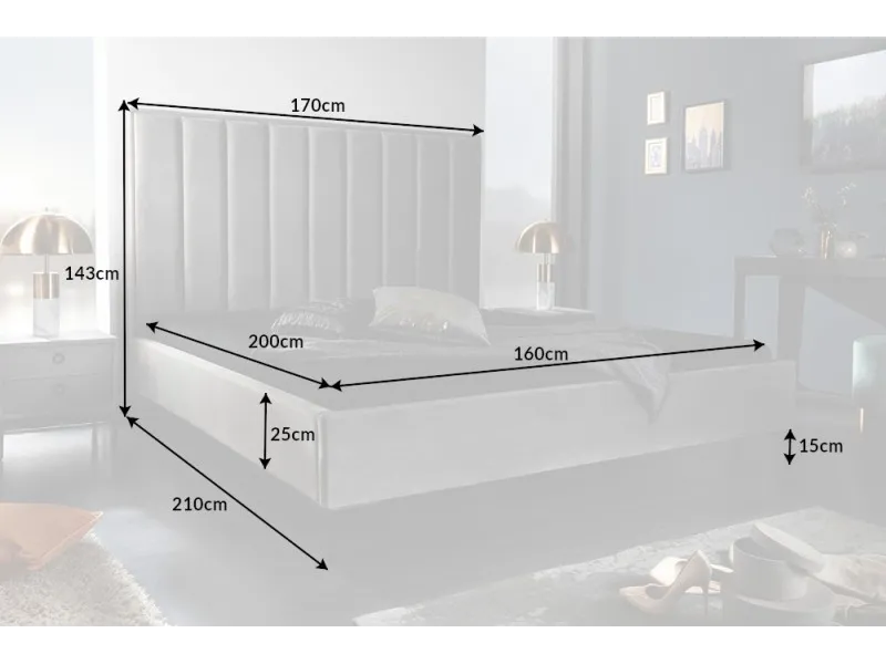 Lit design 160x200cm en velours coloris gris