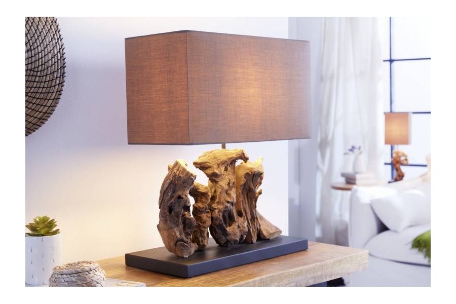 Lampe à poser  de 40cm en bois flotté et lin  brun