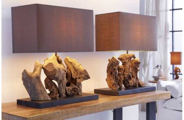 Lampe à poser  de 40cm en bois flotté et lin  brun