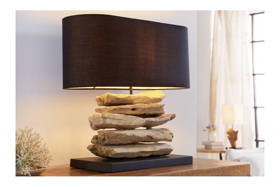 Lampe à poser design naturel en bois flotté avec abat jour en toile noir