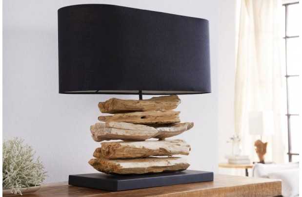 Lampe à poser design naturel en bois flotté avec abat jour en toile noir