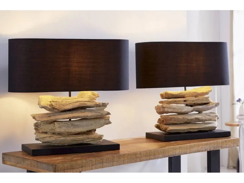 Lampe à poser design naturel en bois flotté avec abat jour en toile noir