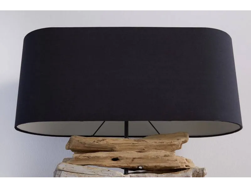Lampe à poser design naturel en bois flotté avec abat jour en toile noir