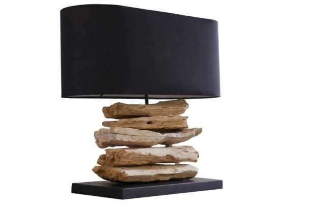 Lampe à poser design naturel en bois flotté avec abat jour en toile noir