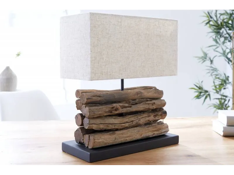 Lampe de 35cm en bois flotté et lin écrue
