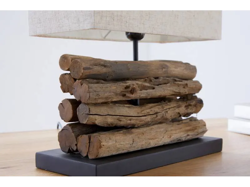 Lampe de 35cm en bois flotté et lin écrue