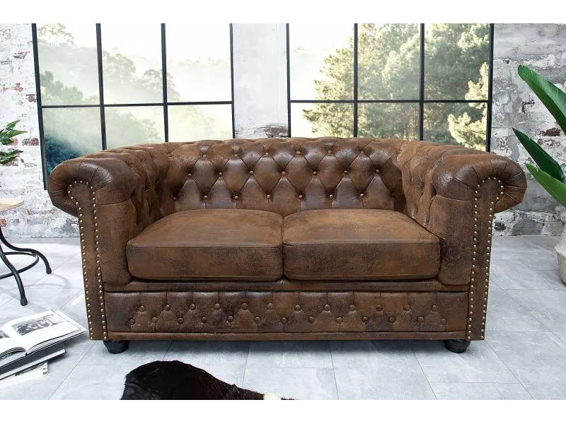 Canapé design chesterfield capitonné en simili cuir marron