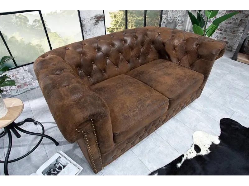 Canapé design chesterfield capitonné en simili cuir marron