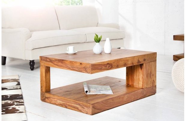 Table basse 90 cm design avec rangement en bois massif