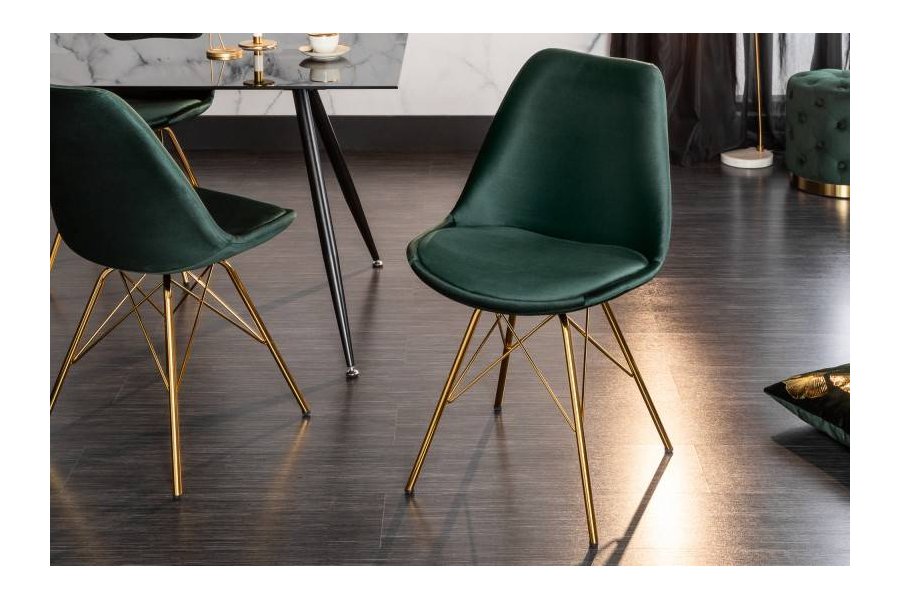 Chaise design SCANDINAVE en velours vert pieds dorés