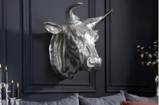 Trophée mural 65 cm en tête de taureau en aluminium argenté