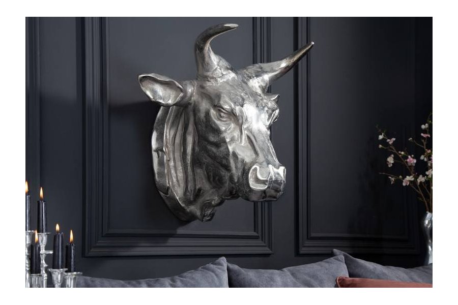 Trophée mural 65 cm en tête de taureau en aluminium argenté
