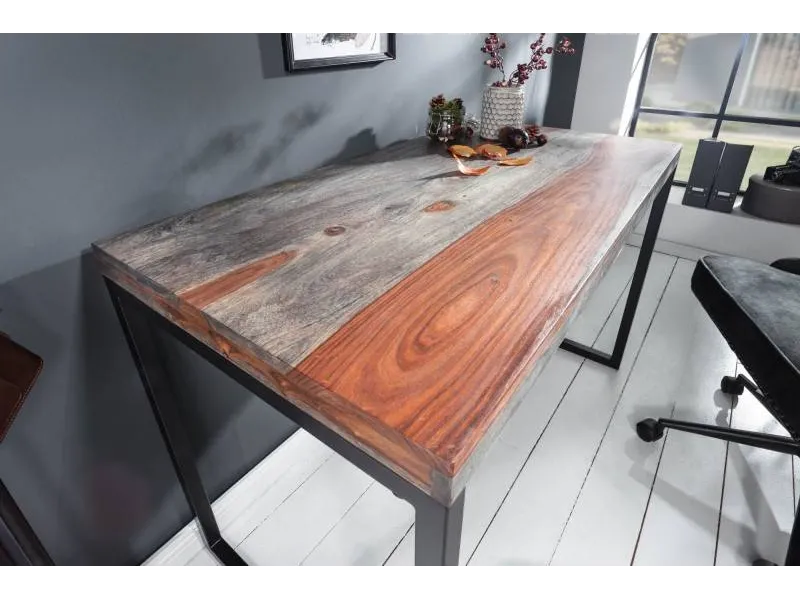 Bureau 118cm gris fumé en bois massif piètement métal
