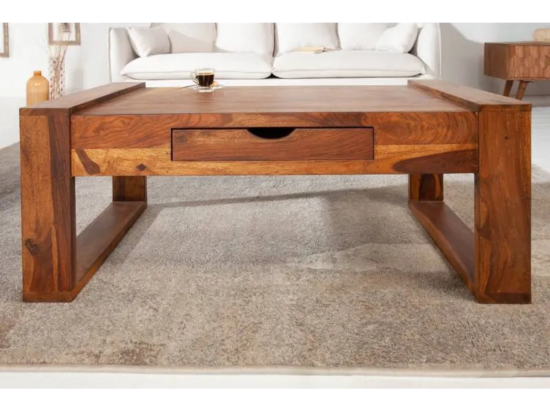Table basse 100 cm en bois massif avec rangement coloris ciré naturel