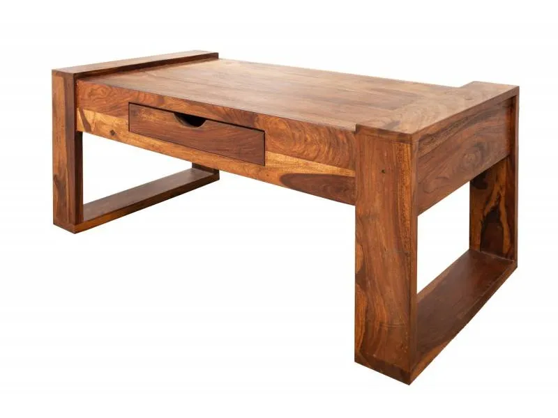 Table basse 100 cm en bois massif avec rangement coloris ciré naturel