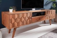 Meuble tv design scandinave coloris naturel en bois massif à 2 portes, une niche et un tiroir