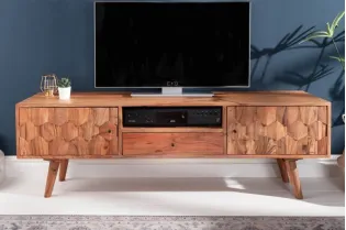 Meuble tv design scandinave coloris naturel en bois massif à 2 portes, une niche et un tiroir 2