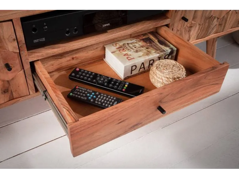 Meuble tv design scandinave coloris naturel en bois massif à 2 portes, une niche et un tiroir