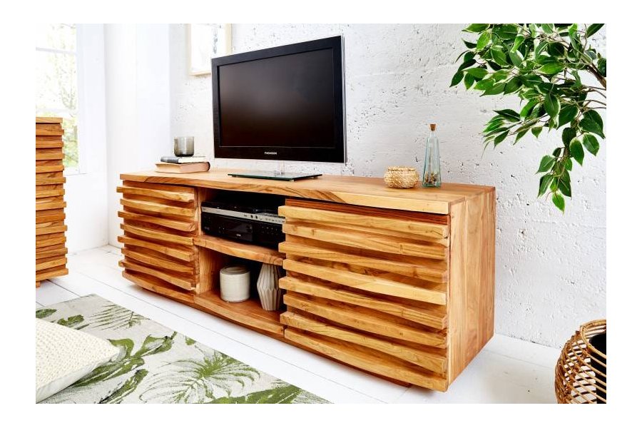 Meuble tv design de couleur naturelle en bois massif à 2 portes et 2 niches