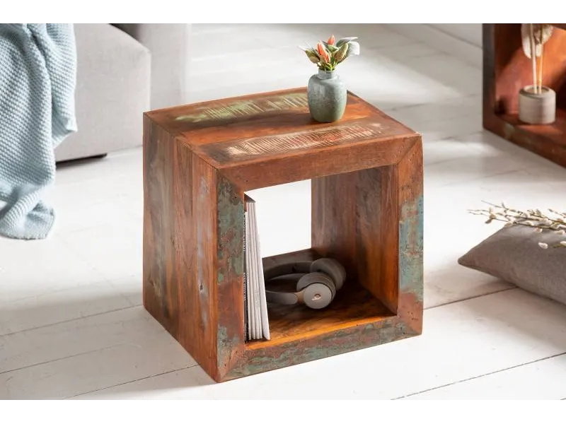 Cube de rangement 45 cm bois recyclé massif coloré