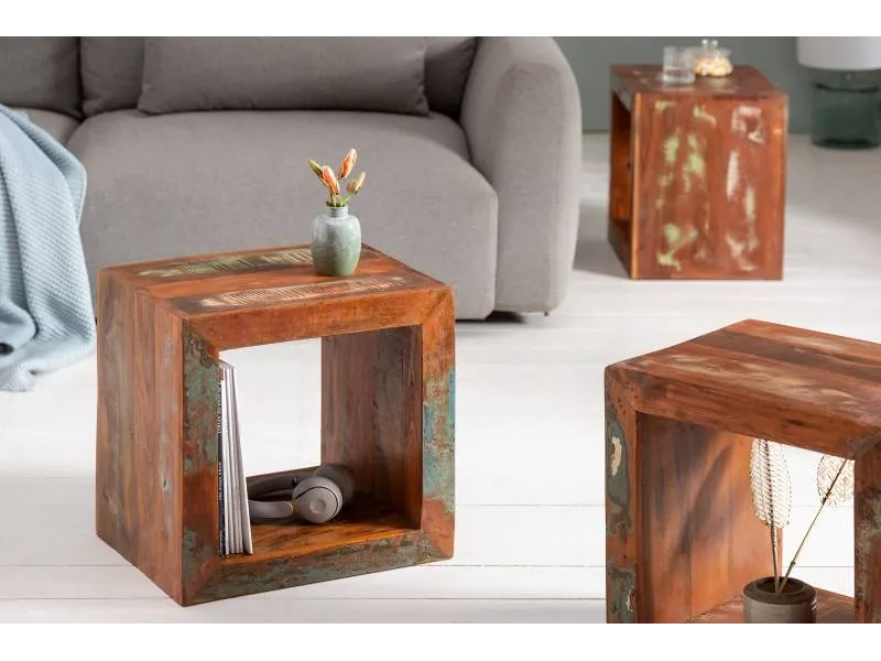 Cube de rangement 45 cm bois recyclé massif coloré