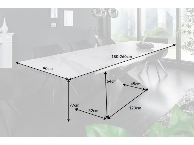 Table à manger extensible 180-220-260cm céramique aspect marbre blanc