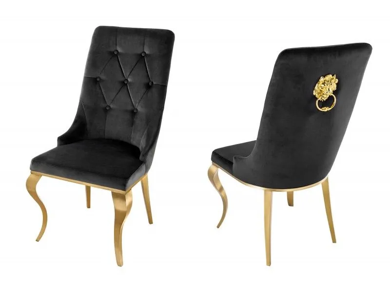 Lot de 2 Chaises de château en velours noir piètement en acier inoxydable, tête de lion doré