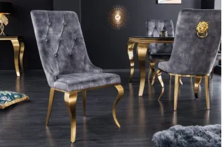 Lot de 2 Chaises de château en velours gris piètement en acier inoxydable, tête de lion doré