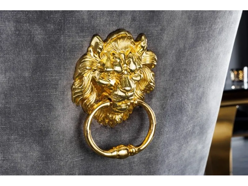 Lot de 2 Chaises de château en velours gris piètement en acier inoxydable, tête de lion doré