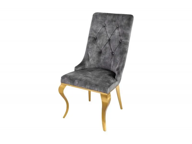 Lot de 2 Chaises de château en velours gris piètement en acier inoxydable, tête de lion doré