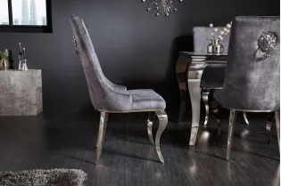 Lot de 2 Chaises de château en velours gris piètement en acier inoxydable, tête de lion argenté 2
