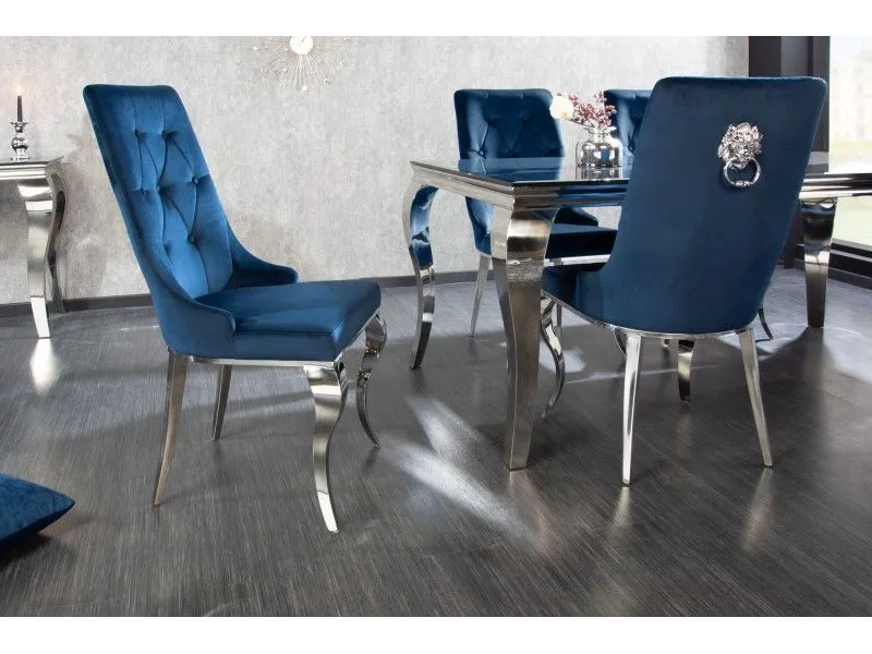 Lot de 2 Chaises de château en velours bleu royal piètement en acier inoxydable, tête de lion argenté