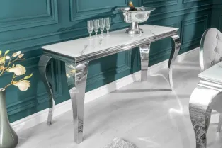 Console design baroque de 140cm coloris marbre argenté en verre trempé et acier inoxydable